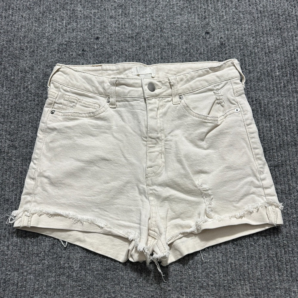 H&M Womens Cut-Off Shorts‎ Size 6 Cream Distressed Denim Cuffed Casual Mid Rise